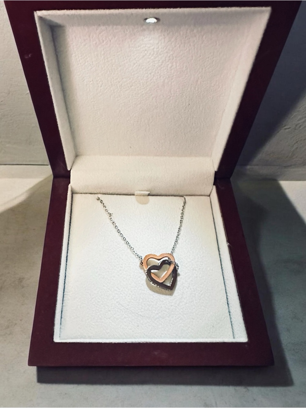 Two-Tone Heart Pendant Necklace -  Gold and Silver in lighted wood box